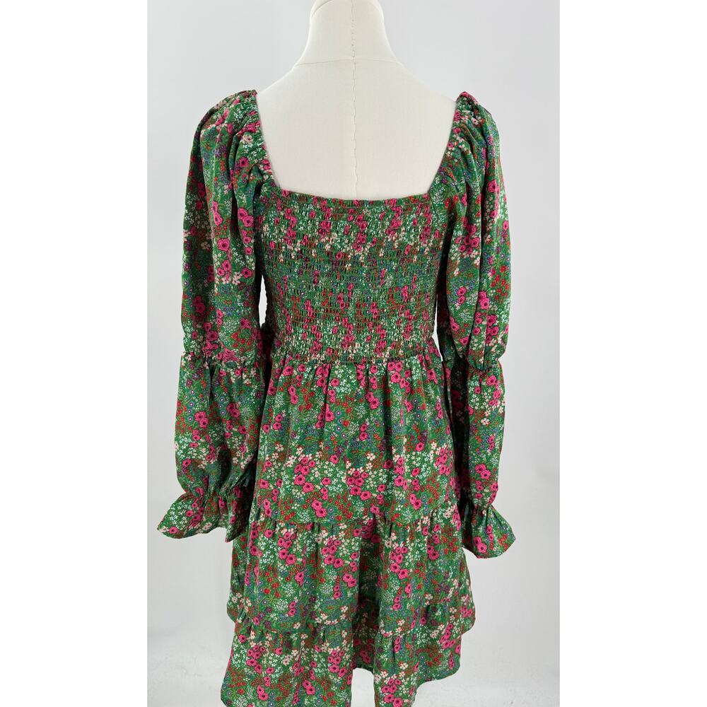 Umgee Green Floral Smocked Dress Cottagecore Mini Short Peasant Medium Fairy